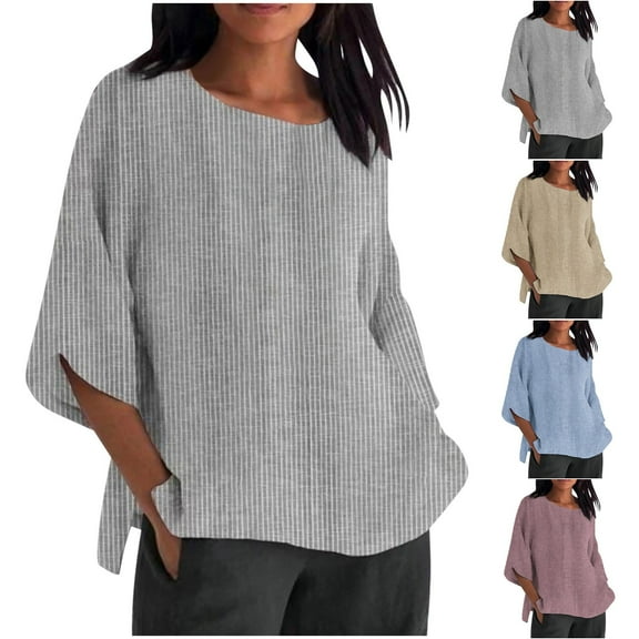 DIOAZUD Plus Size Tops for Women Trendy Summer 3/4 Sleeve Crewneck Shirts Stripes Basic Tees Cotton Linen Beach Blouse Tops