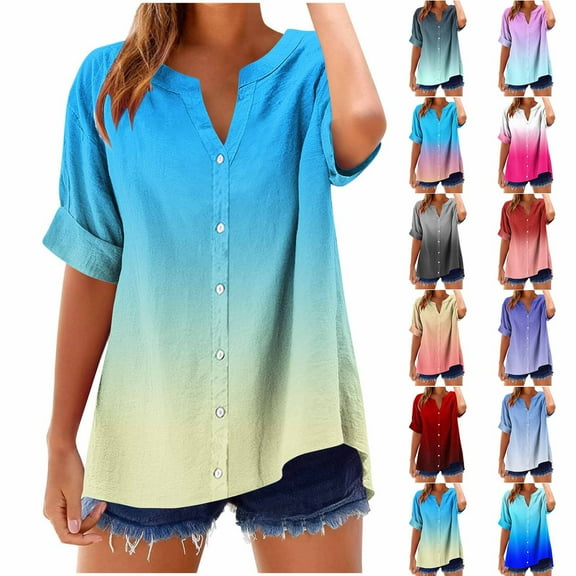 DIOAZUD Summer Tops for Women Casual Button Down Shirt Trendy Tie Dye Roll Sleeve T-shirt Loose Fit Boho Summer Work Tshirt