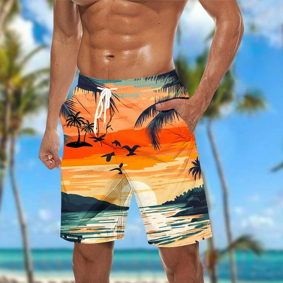 DIOAZUD Surfing Swim Trunks for Men Big and Tall Swim Shorts Quick Dry Bathing Suit Hawaiian Beach Shorts Drawstring Elastic Waist Board Shorts Palm Tree Print Athletic Beachwear with Pockets