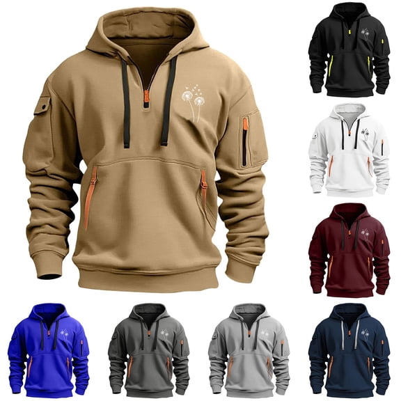 DIOAZUD Sweatshirts for Men Quarter Zip Pullover Hoodies Vintage Workout Big and Tall Hoodie Cargo Sweatshirt with Pockets
