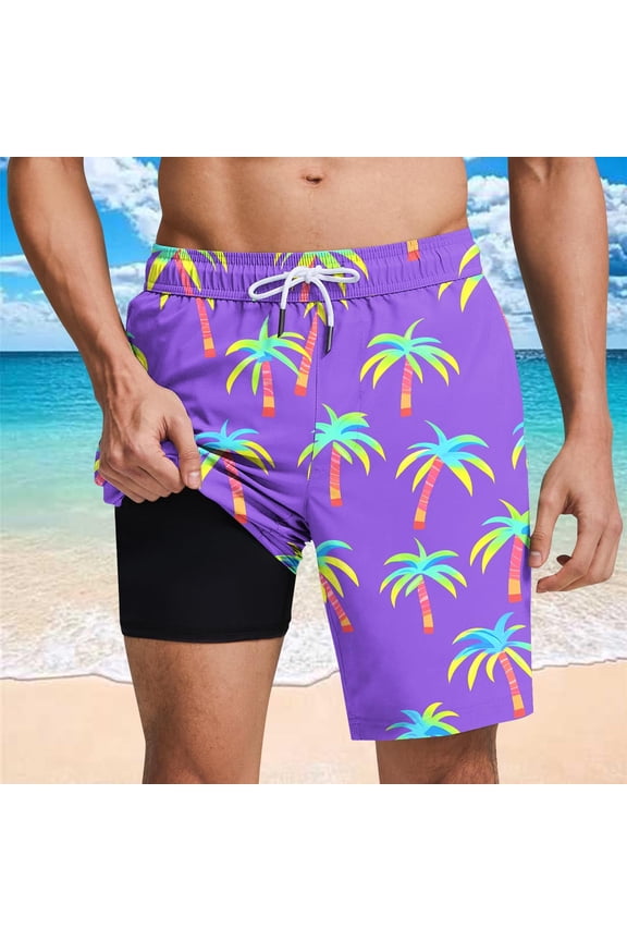Swim Trunks Men Hawaiian Vacation Board Shorts Quick Dry Drawstring Elastic Waist Swimming Short Pants with Lining