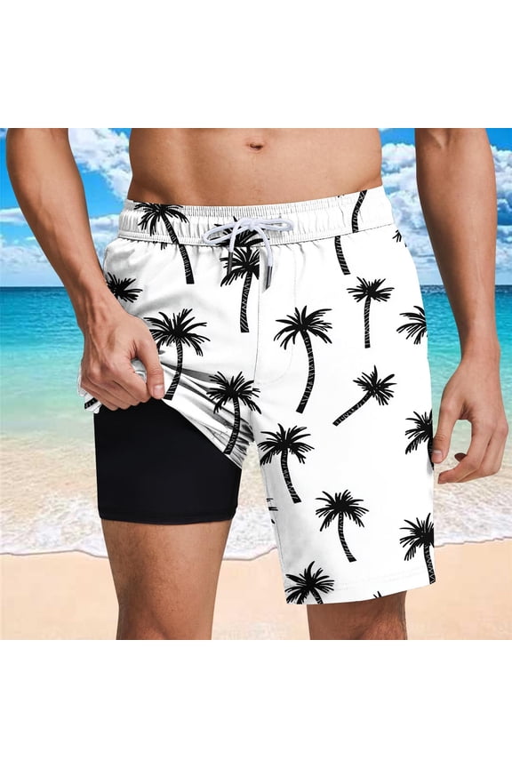Swin Trunks for Men with Liner Summer Casual Drawstring Waist Beach Shorts Hawaiian Surfling Board Shorts with Pockets