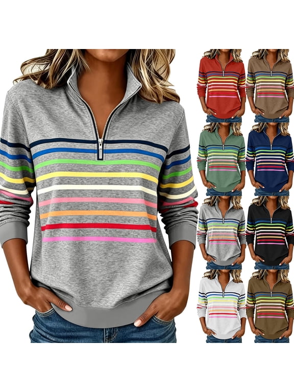 Women's 1/4 Zip Pullover Sweatshirts Striped Stand Collar Long Sleeve Sweatshirt Casual Fall Tops for Daily Wear