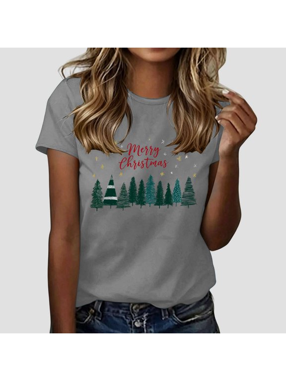 Women's Christmas Graphic T Shirts Short Sleeve T-Shirts Holiday Xmas Tree Print Tees Casual Crew Neck Shirt
