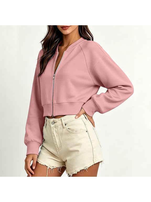 Women's Cropped Zip up Sweatshirts Long Sleeve Full Zip Sweatshirt Jacket Collarless V Neck Casual Crop Cardigan Fall Clothes Pink S-XXL