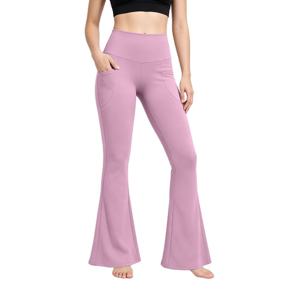 DIOAZUD Women's Flare Yoga Pants with Pockets High Waisted Bootcut Leggings Stretch Workout Legging Tummy Control Athletic Yoga Leggings Pink XL-XXL