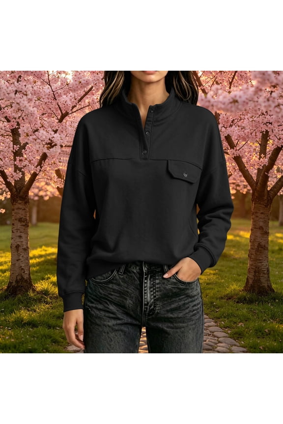 Women's Fleece Half Button Pullover Drop Shoulder Long Sleeve Sweatshirt Solid Colid Soft Comfy Casual Wear Black S-XXL