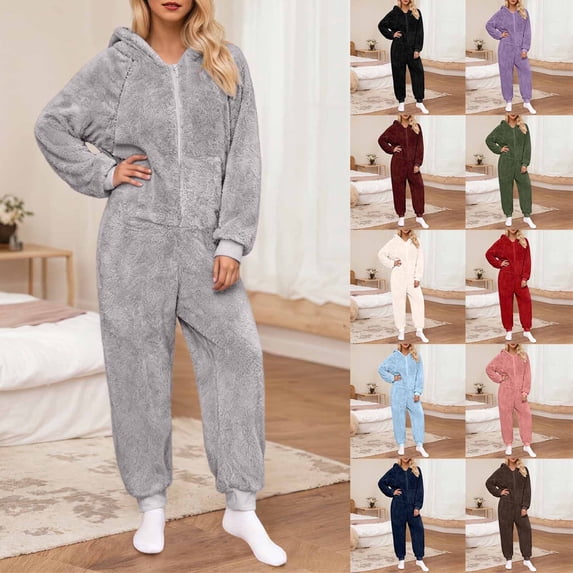 DIOAZUD Women's Fuzzy Fleece Onesie Pajamas with Pockets Hooded Zip up Sleepwear Jumpsuit with Pockets Cozy Lounge Wear