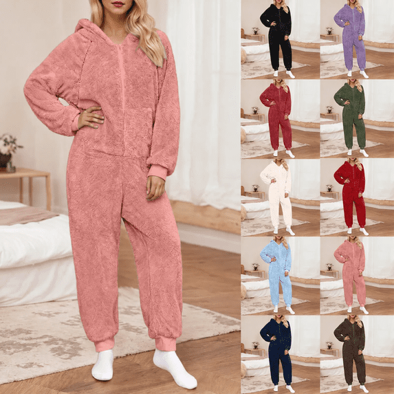 DIOAZUD Women's Fuzzy Fleece Onesie Pajamas with Pockets Hooded Zip up Sleepwear Jumpsuit with Pockets Cozy Lounge Wear