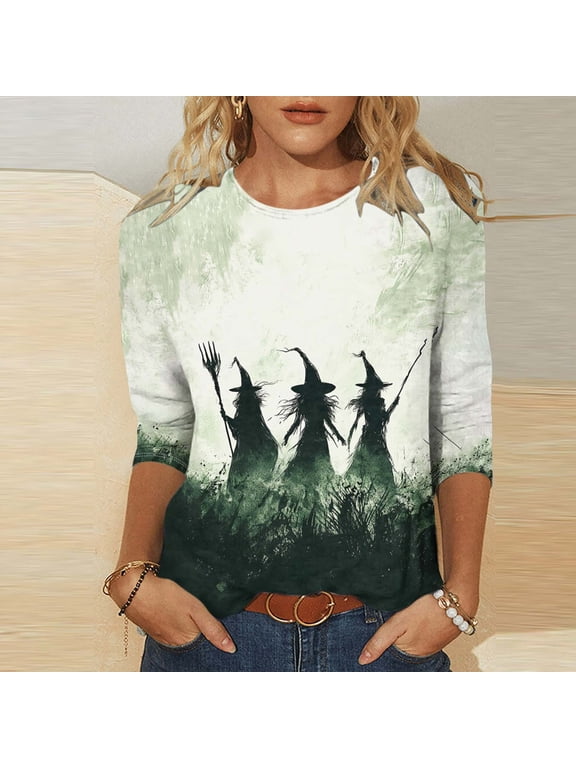 Women's Halloween 3/4 Sleeve T-Shirt Crew Neck Witch Print Tees Lightweight Loose Fit Spooky Season Top