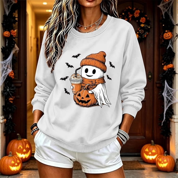 DIOAZUD Women's Halloween Sweatshirt Cute Funny Spooky Crewneck Long Sleeve Fall Tops Graphic Pullover Sweatshirts Pumpkin Patch Outfit