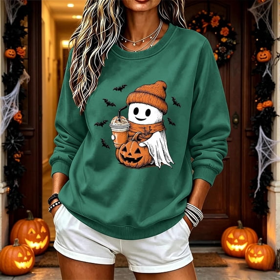 DIOAZUD Women's Halloween Sweatshirt Cute Funny Spooky Crewneck Long Sleeve Fall Tops Graphic Pullover Sweatshirts Pumpkin Patch Outfit