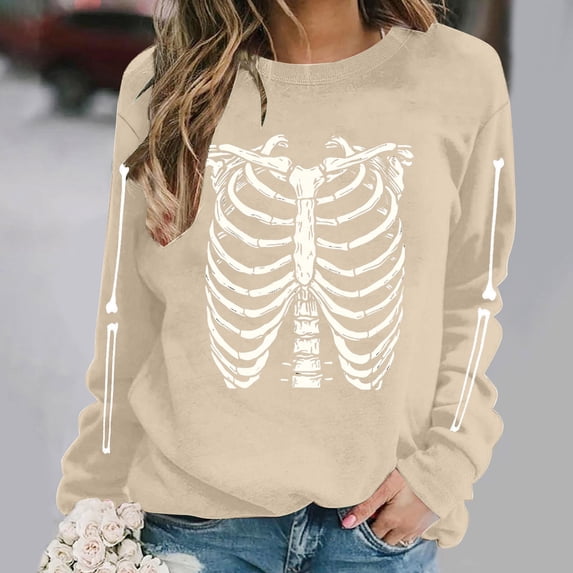DIOAZUD Women's Halloween Sweatshirts Funny Skeleton Graphic Pullovers Vintage Work Crewneck Long Sleeve Sweater Tops Halloween Costumes