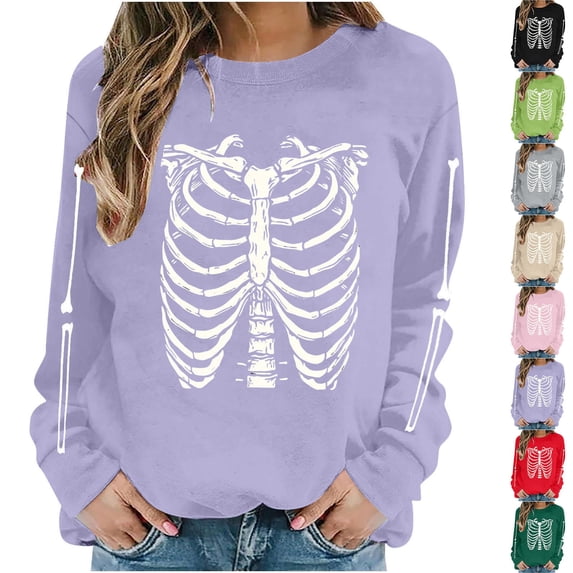 DIOAZUD Women's Halloween Sweatshirts Funny Skeleton Graphic Pullovers Vintage Work Crewneck Long Sleeve Sweater Tops Halloween Costumes