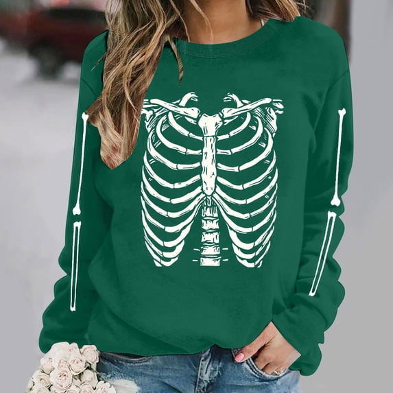 DIOAZUD Women's Halloween Sweatshirts Funny Skeleton Graphic Pullovers Vintage Work Crewneck Long Sleeve Sweater Tops Halloween Costumes