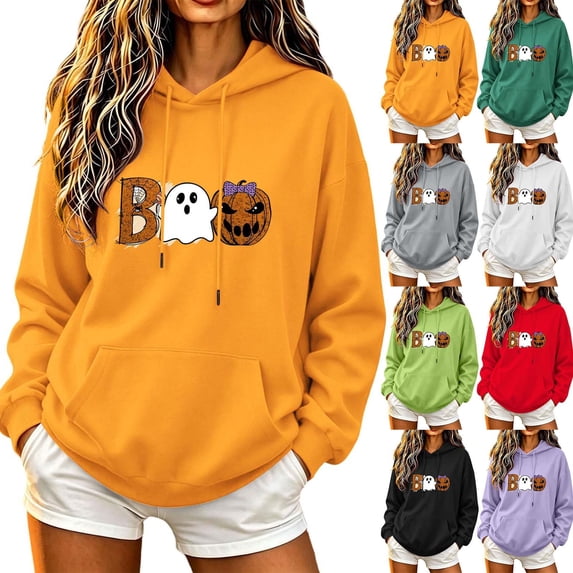 DIOAZUD Women's Halloween Sweatshirts Plus Size Ghost Print Pullover Hoodies Vintage Going Out Long Sleeve Shirt Tops Halloween Costumes