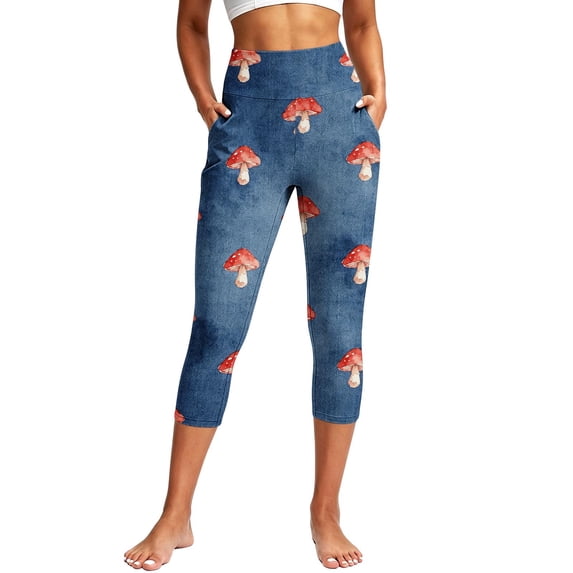 DIOAZUD Women's High Waisted Capri Jeggings with Pockets Printed Yoga Pants Workout Tights Blue S-XXXL