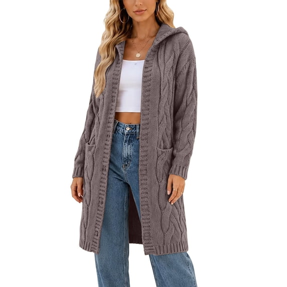 DIOAZUD Women's Hooded Cable Knit Cardigans Open Front Long Sweater Cardigan with Pockets Fall Winter Layering Chunky Outerwear Rose Gold S-5XL