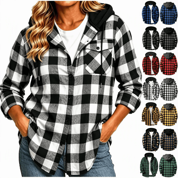 DIOAZUD Women's Hooded Plaid Shacket Button Down Jacket with Pockets Loose Fit Casual Fall Hood Jackets Outwear