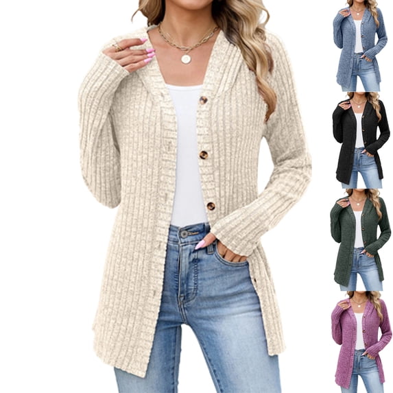 DIOAZUD Women's Hooded V Neck Cardigan Button Front Ribbed Knit Long Sleeve Mid-Length Cardigan Sweaters Soft Lightweight