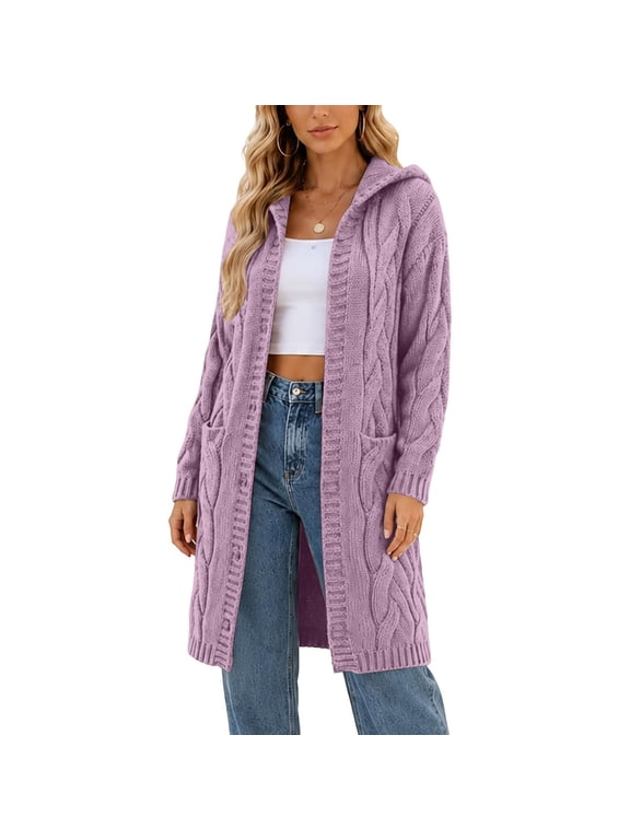 Women's Long Cable Knit Hooded Cardigan Sweaters Open Front Duster Coat with Pockets Fall Casual Loose Fit Outwear