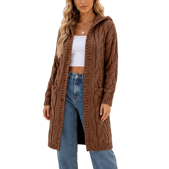 DIOAZUD Women's Long Hooded Cardigan Cable Knit Sweaters Open Front Duster Coat with Pockets Fall Casual Loose Fit Outwear