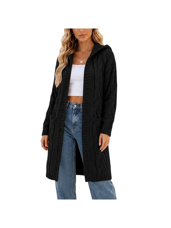Women's Long Hooded Cardigan Cable Knit Sweaters Open Front Duster Coat with Pockets Fall Casual Loose Fit Outwear