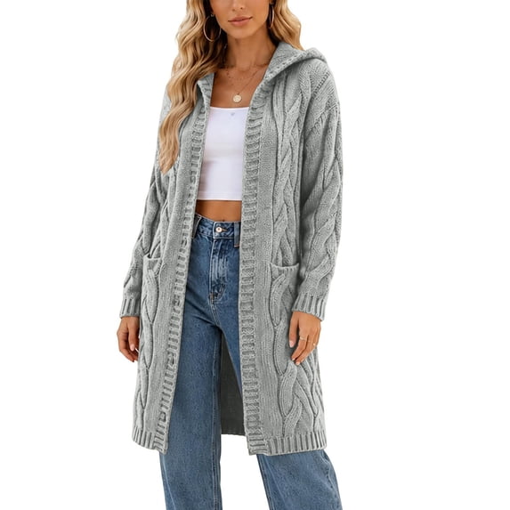 DIOAZUD Women's Long Cable Knit Hooded Cardigan Sweaters Open Front Duster Coat with Pockets Fall Casual Loose Fit Outwear