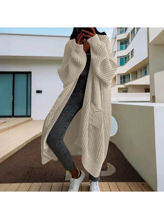 Women's Long Duster Sweaters Chunky Knit Cardigan Open Front Oversized Coat with Pockets Fall Layering Trendy
