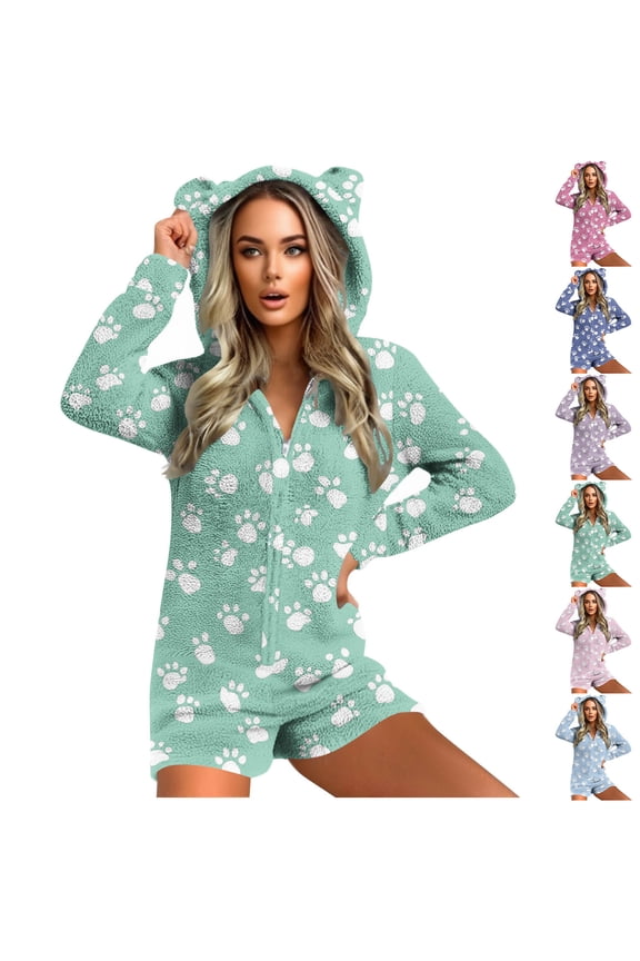 Women's Lounge Robe Hooded Plush Fleece Zip up Romper Onesie Sleepwear with Bear Ears and Pockets Funny Print Cozy Soft Winter Loungewear