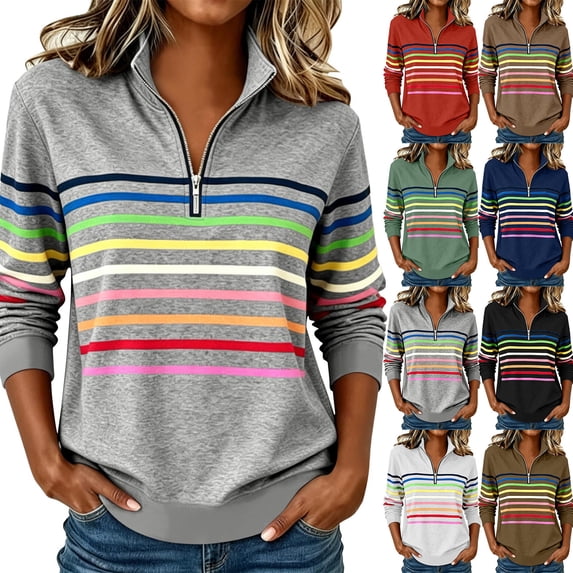 DIOAZUD Women's Quarter Zip Pullover Sweatshirt Striped Pattern Mock Neck Long Sleeve Casual Tops Fall Winter Collared Sweatshirts