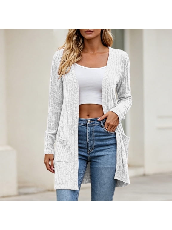 Women's Ribbed Cardigan V-Neck Open Front Long Sleeve Long Length Knit Cardigan Sweater with Pockets Thin Lightweight Soft
