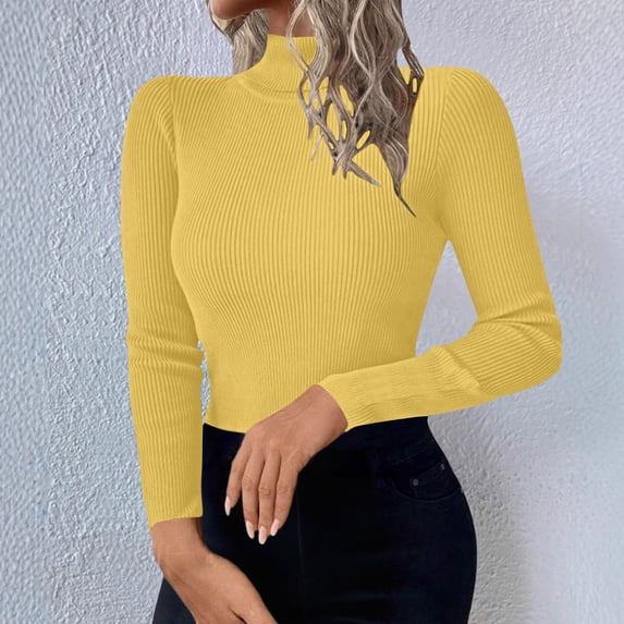 DIOAZUD Women's Ribbed Knit Turtleneck Sweaters Long Sleeve Slim Fit Pullover Tops Fall Winter Lightweight Sweaters for Women Yellow S-XL