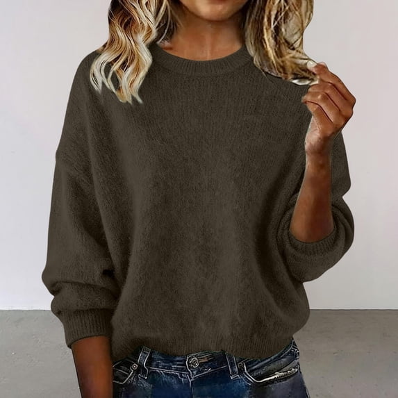 DIOAZUD Women's Round Neck Pullover Sweater Long Sleeve Fuzzy Knit Loose Fit Tops Soft Warm Fall Winter Fashion Knitwear Brown S-XXXL