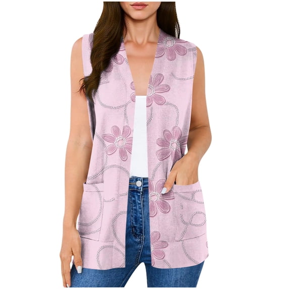 DIOAZUD Women's Sleeveless Floral Cardigan Vest with Pockets Open Front Boho Style Layering Piece Lightweight Casual Cardigans