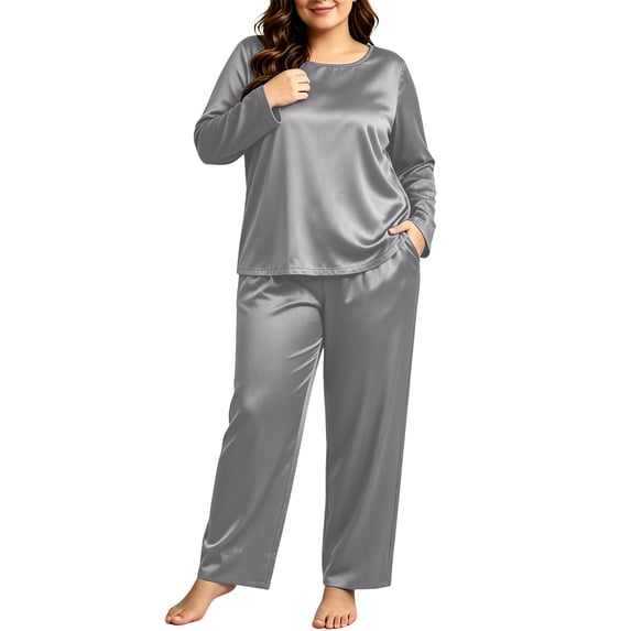 DIOAZUD Women's Soft Satin Pajama Sets Plus Size Long Sleeve Round Neck Tops with Side Pocket Pants 2 Piece Silky Sleepwear for Women Gray XL-5XL
