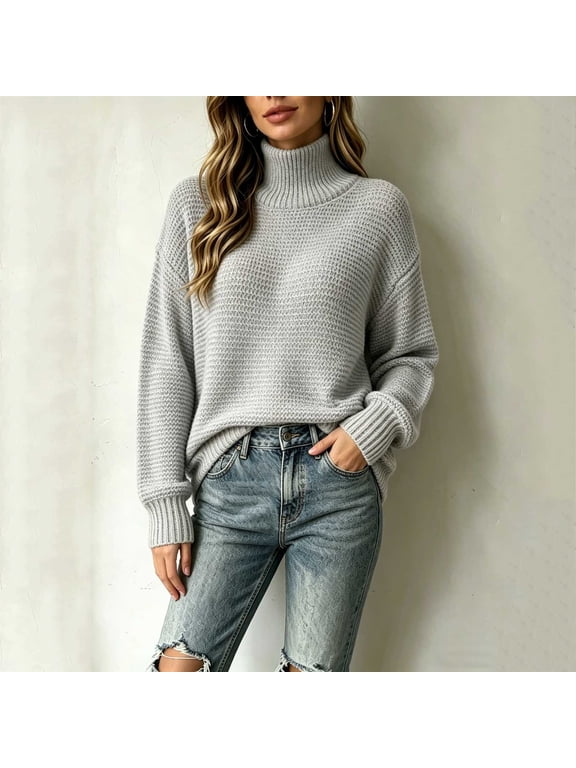 Women's Turtleneck Sweater Waffle Knit Pullover Sweaters for Women Long Sleeve Oversized Chunky Fall Winter Ladies Tops Gray S-XXXL