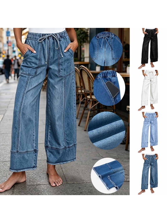 Women's Wide Leg Jeans High Waisted Baggy Jeans Stretchy Drawstring Denim Pants with Pockets