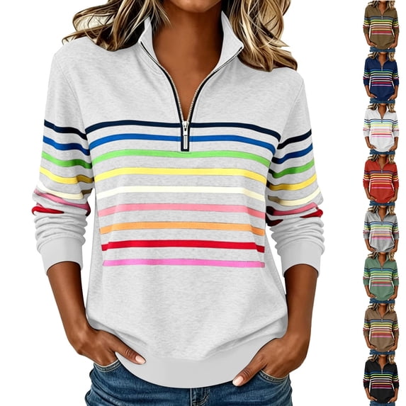 DIOAZUD Womens 1/4 Zip Pullover Striped Sweatshirt Collared Long Sleeve Fall Pullover Sweatshirt Casual Loose Fit Tops