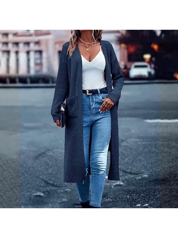 Womens Coatigan Chunky Knit Long Cardigan Sweaters Open Front Calf Length Duster with Pockets Rib Sweater Jacket Fall Winter Navy S-XXXL