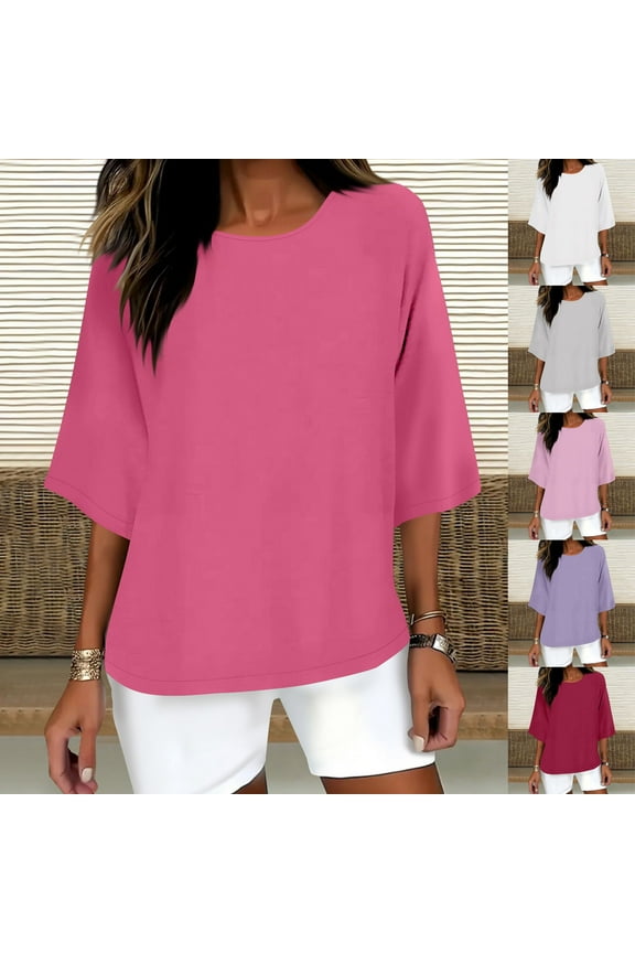 Womens Cotton Linen Summer Tops 3/4 Length Sleeve Tunic Blouses Gauze Boho Shirts Trendy Loose Fit Clothing Three Quarter Sleeve Tops for Women