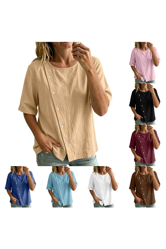 Womens Elbow Sleeve Tops Crew Neck Asymmetrical Button Front Loose Fit Solid Color Casual Blouses for Daily Work Wear