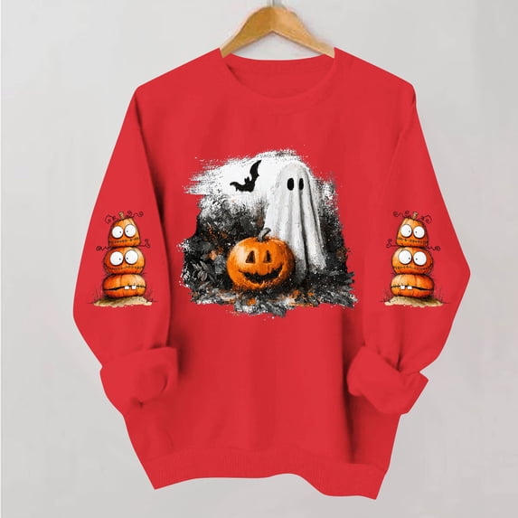 DIOAZUD Womens Halloween Sweatshirts Cute Ghost Print Pullovers Fall Classic Crewneck Long Sleeve Sweater Tops Halloween Costumes