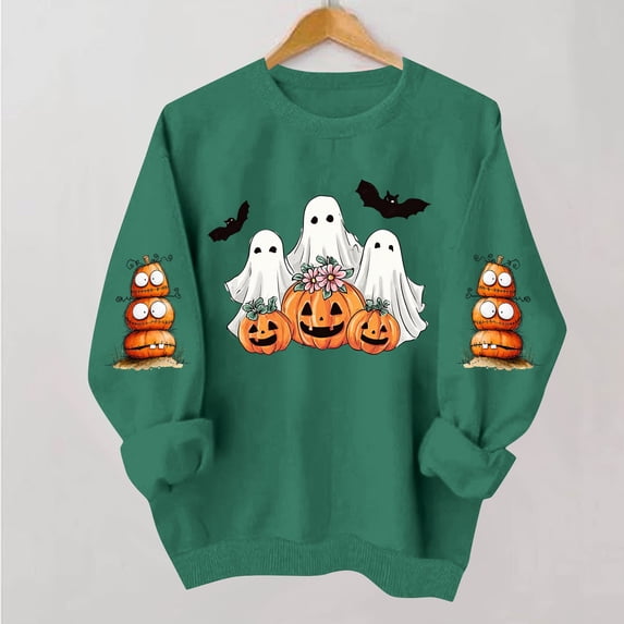 DIOAZUD Womens Halloween Sweatshirts Funny Ghost Graphic Pullovers Stretch Going Out Round Neck Long Sleeve Sweater Tops Halloween Costumes
