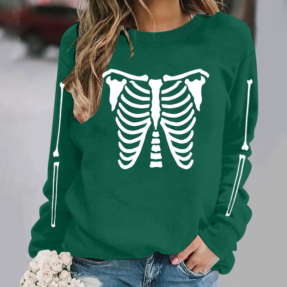 DIOAZUD Womens Halloween Sweatshirts Funny Skeleton Print Pullovers Vintage Classic Crewneck Long Sleeve Sweater Tops Halloween Costumes