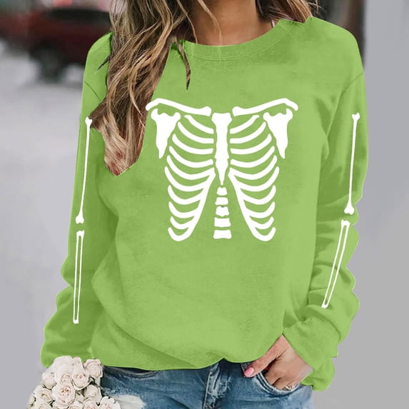 DIOAZUD Womens Halloween Sweatshirts Funny Skeleton Print Pullovers Vintage Classic Crewneck Long Sleeve Sweater Tops Halloween Costumes