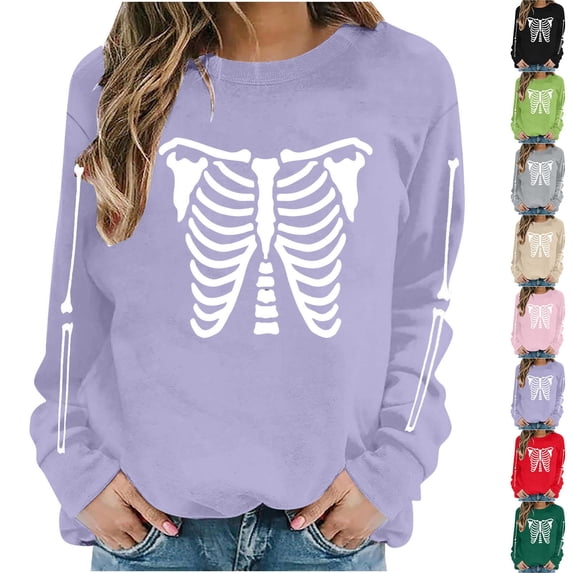 DIOAZUD Womens Halloween Sweatshirts Funny Skeleton Print Pullovers Vintage Classic Crewneck Long Sleeve Sweater Tops Halloween Costumes