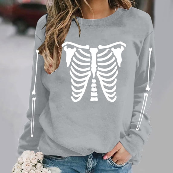 DIOAZUD Womens Halloween Sweatshirts Funny Skeleton Print Pullovers Vintage Classic Crewneck Long Sleeve Sweater Tops Halloween Costumes