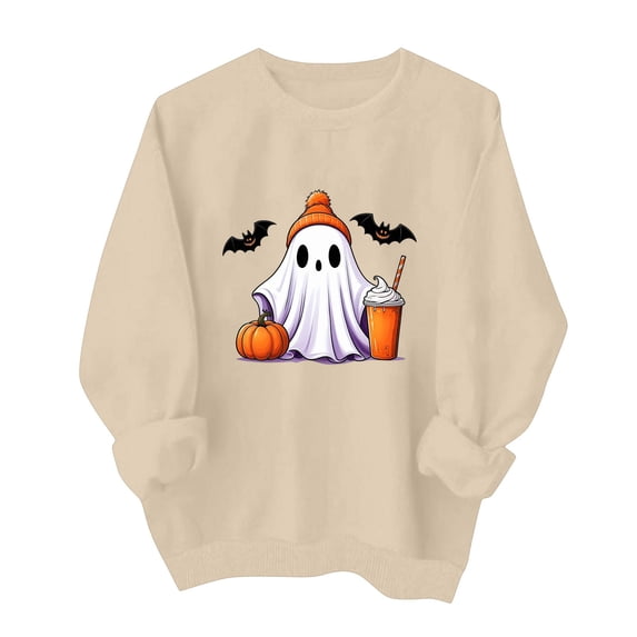 DIOAZUD Womens Halloween Sweatshirts Plus Size Ghost Graphic Pullovers Fall Classic Round Neck Long Sleeve Sweater Tops Halloween Costumes