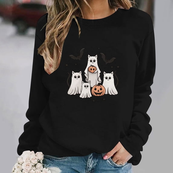 DIOAZUD Womens Halloween Sweatshirts Plus Size Ghost Print Pullovers Soft Holiday Round Neck Long Sleeve Sweater Tops Halloween Costumes Black S-XXL